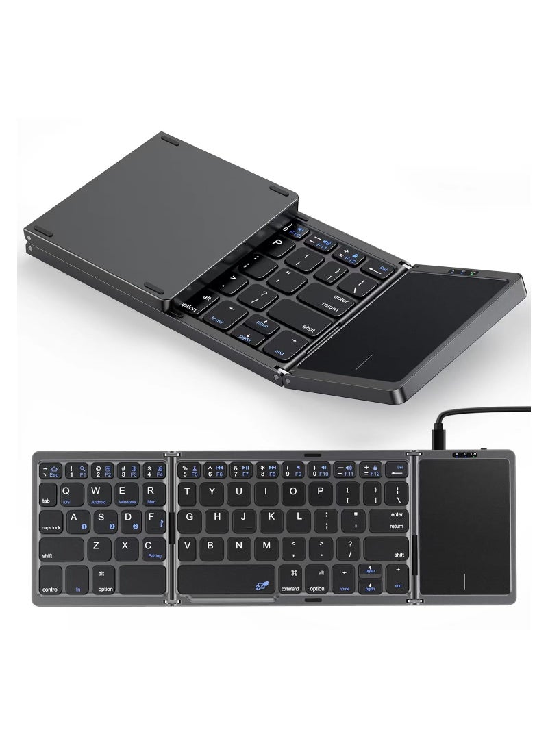 Arabic  English Foldable Bluetooth Keyboard with Touchpad, Rechargeable Wireless Portable Keyboard, Dual-Mode Bluetooth/USB Wired Pocket-Sized Travel Keyboard for i-O-S, Android, Windows, Mac OS - Image 1